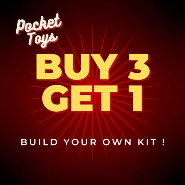 Buy 3 of our pocket toys and get the 4th one for free and a carry bag on red background.