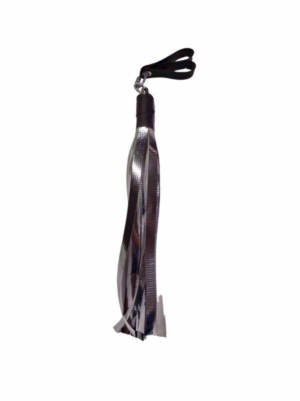 Silver mylar flogger for violet wand toy with wide falls.