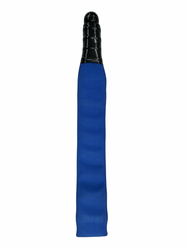 Blue firehose bdsm impact paddle with woven nylon and a wooden handle