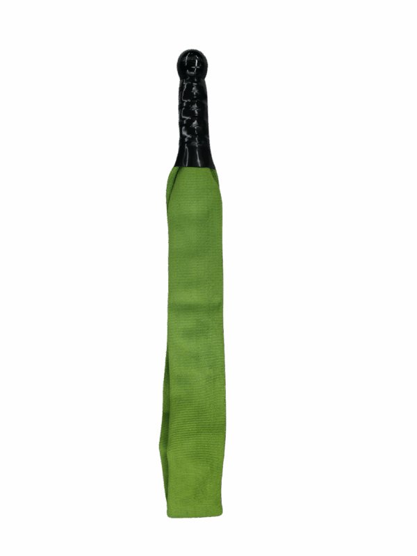 Green firehose bdsm impact paddle with woven nylon and a wooden handle
