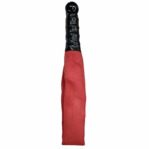 Red Firehose BDSM impact paddle with woven nylon and a wooden handle