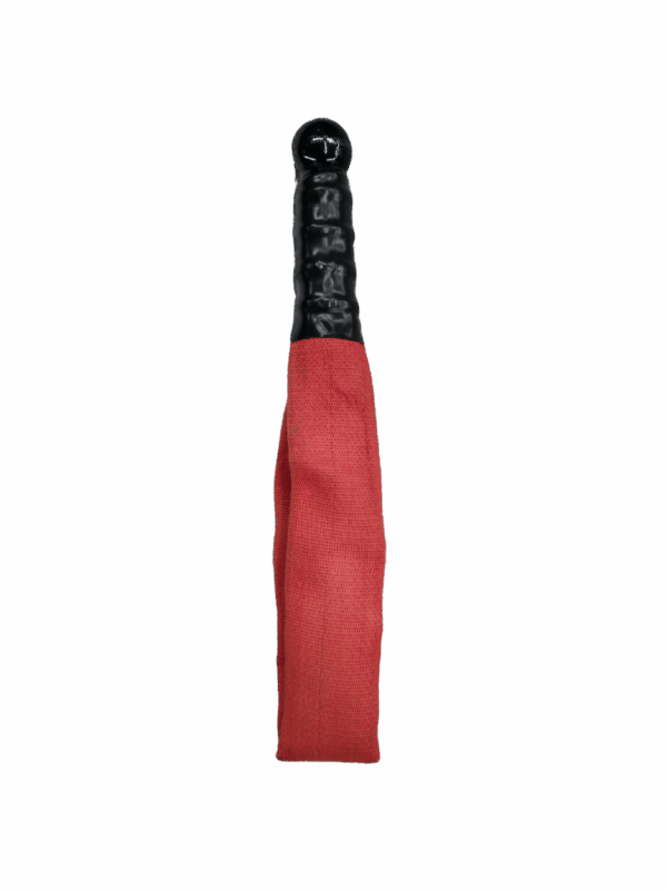 Red firehose bdsm impact paddle with woven nylon and a wooden handle