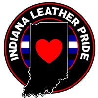 Indiana Leather Pride circle logo on a black background with a heart in the center in the shape of Indiana