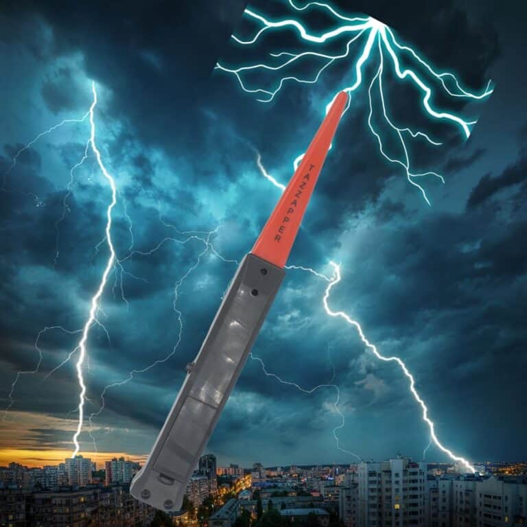 A Red Tazzapper with black handle on a background with a lightning bolt in the sky