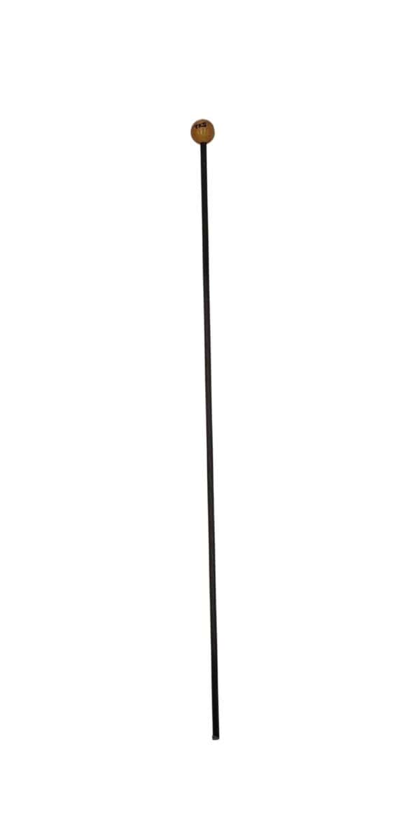 A black quarter inch carbon fiber discipline cane with a handle that contains The Kink Shop logo