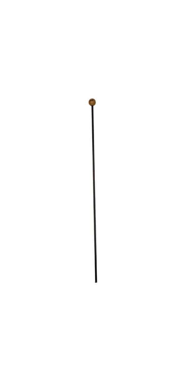 A black quarter inch carbon fiber discipline cane with a wooden varnished top on a white background