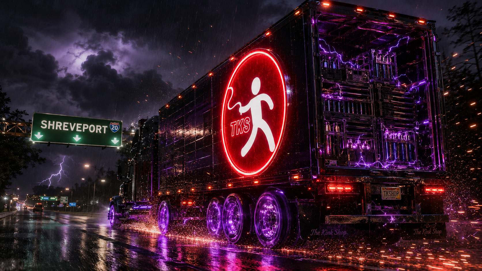 A neon 18-wheeler from The Kink Shop delivering Violet Wands